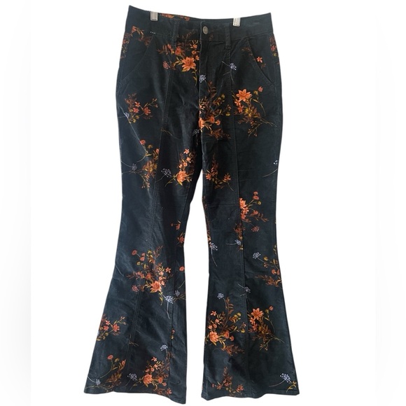 Forever21 Velvet Flare Pants M Floral Print Black Orange Blue 90s Grunge Stretch - Picture 1 of 6